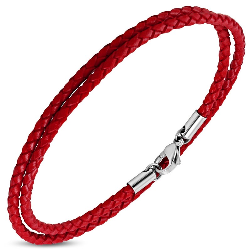 Bracelet fin homme chocker en cuir véritable rouge avec extension