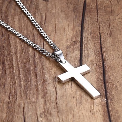 Collier Croix Homme Acier Inoxydable - Chaîne Argent 60 Cm, Pendentif 45x25 Mm