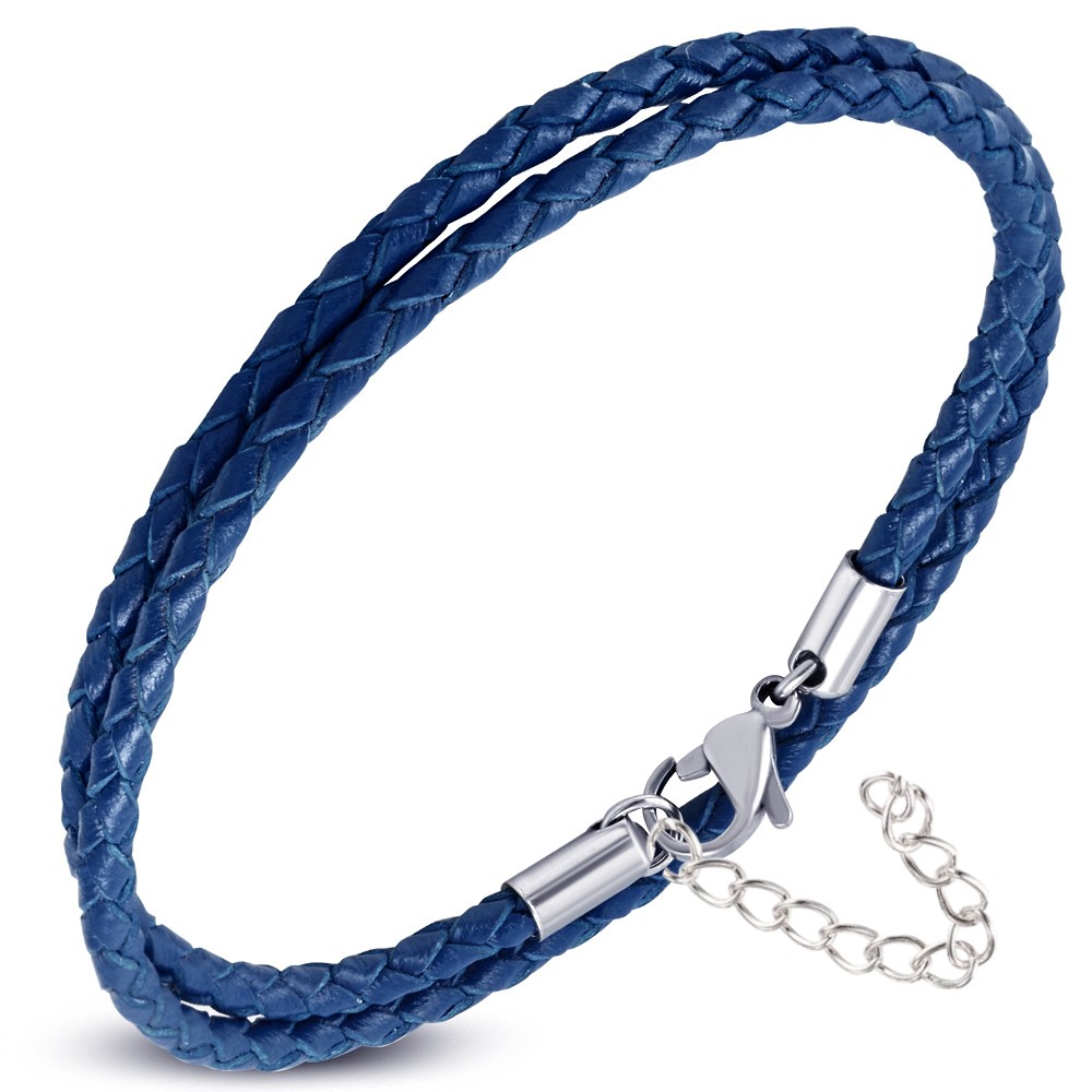 Bracelet homme en cuir fin bleu double enroulement et réglable ZB0379