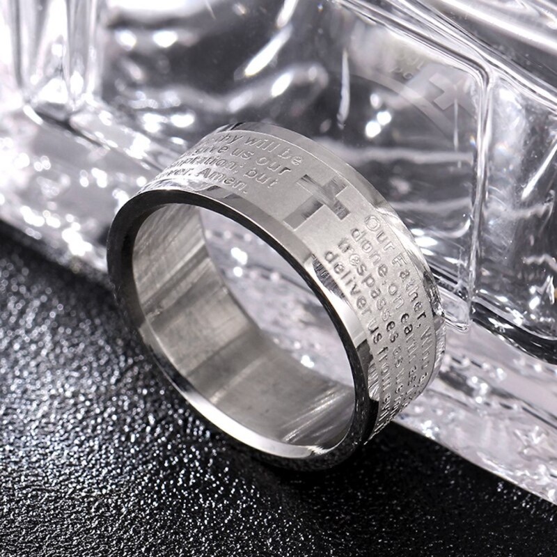 Bague Homme ZENSE Notre Père - Gravure Prière Et Croix, Acier Inoxydable - Made In France