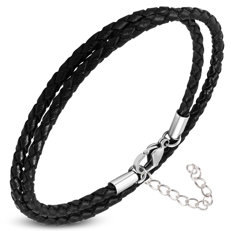 Bracelet corde en cuir noir pour hommes (argent